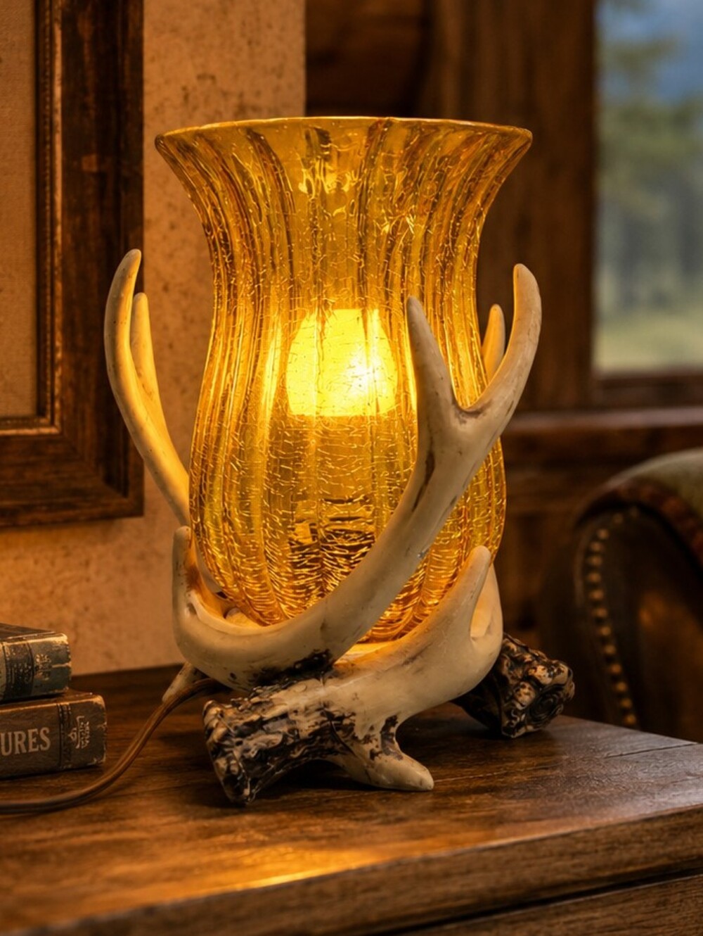 Amber Glass Hurricane Lamp Faux Antler Base | Dark Cottagecore Cabin Decor MCM
